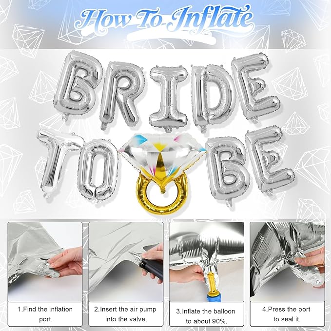 Silver Bachelorette Party Decorations, Bride To Be Bridal Shower Letter Balloons Banner with Engagement Diamond Ring Mylar Foil Balloon for Wedding Photo Booth Hen Night Room Party Decor