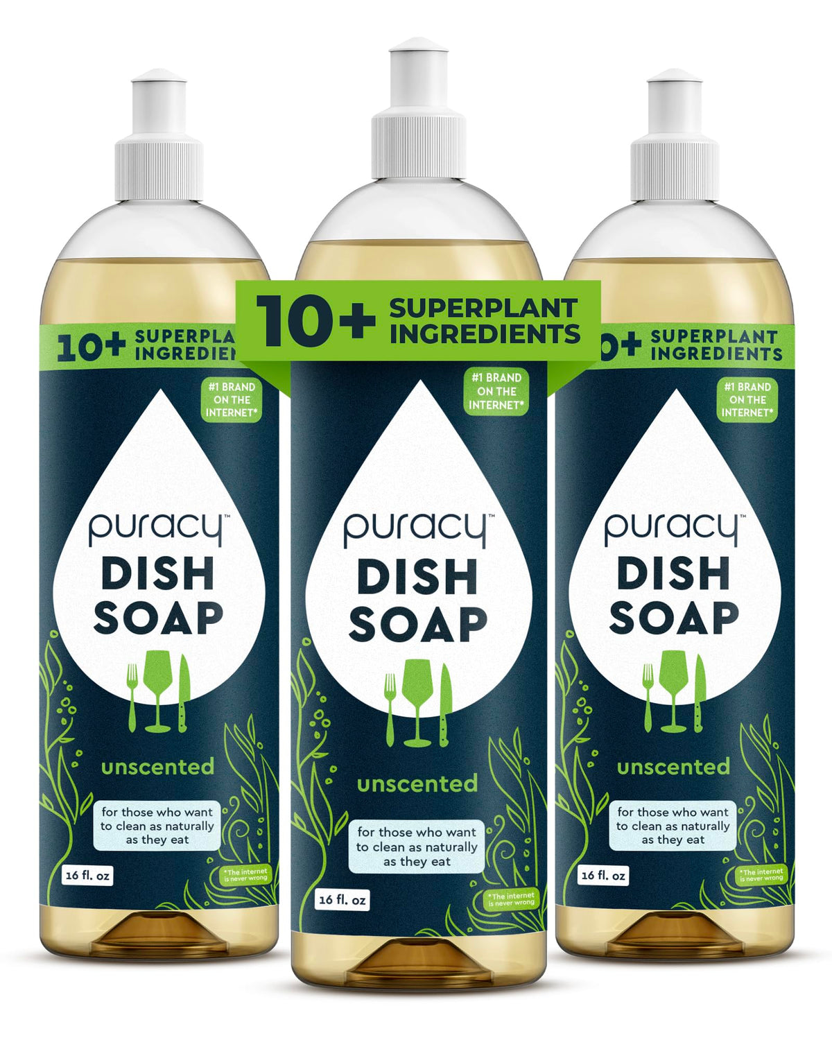 Puracy Natural Dish Soap Packs- Unscented Skin-Softening Plant-Based Dishwashing Soap, Non-Toxic Dish Soap, Fragance Free Organic Liquid Dishwashing Detergent Soap (Unscented, 16 fl oz, 3 Pack)