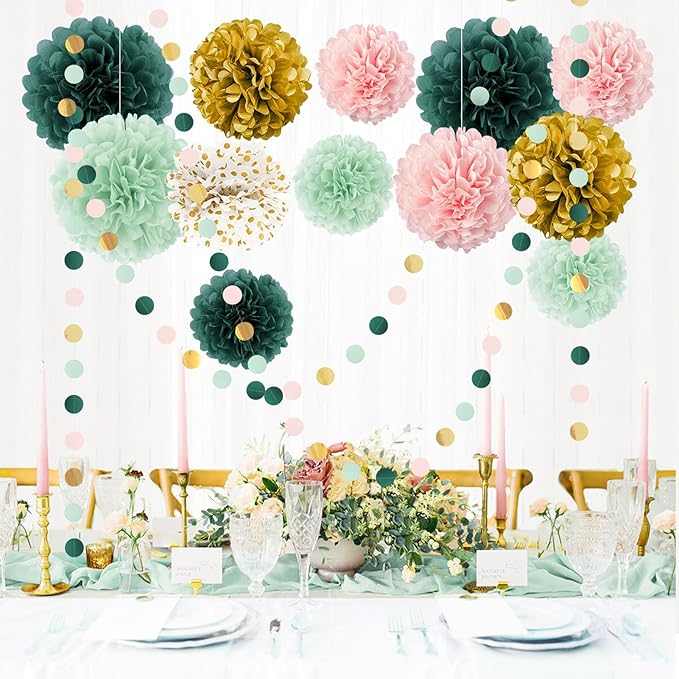 AOBKIAT Wedding Birthday Party Decorations Set,15PCS Sage Green Pink Tissue Paper Pompoms Circle Dots Paper Garland String Hanging Backdrop for Baby Shower, Boho Bridal Wedding Theme Decor