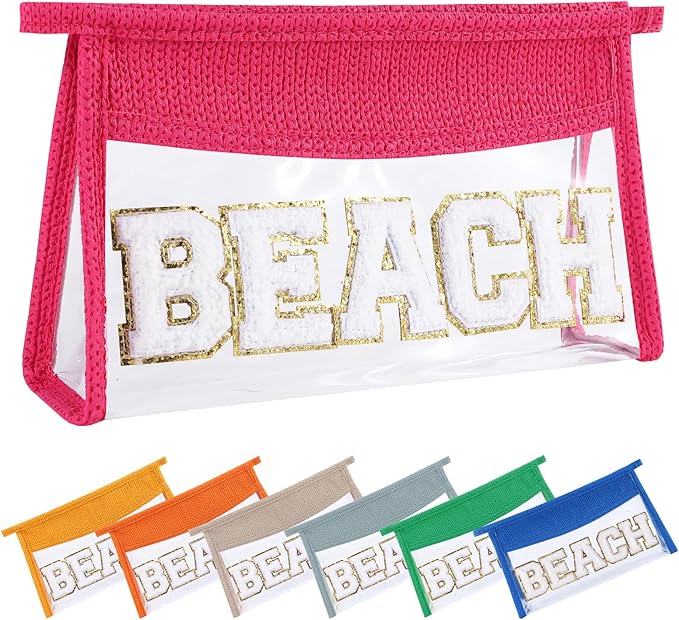 Beach Pouch Sunscreen Clear Makeup Bag Chenille Letter Beach Cosmetic Pouch Summer Essential Cute Toiletry Pouch Travel Accessories Gifts for Women