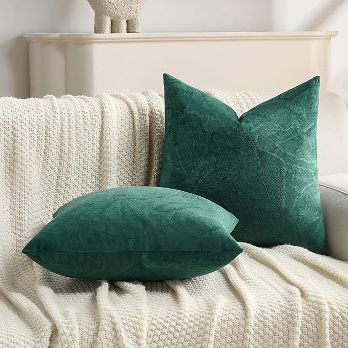 FUTEI Christmas Dark Green Velvet Throw Pillow Covers 26x26 Inch Set of 2,Soft Embossed Leaf-Relief Textured Euro Pillow Shams,Natural Home Decor for Couch Living Room