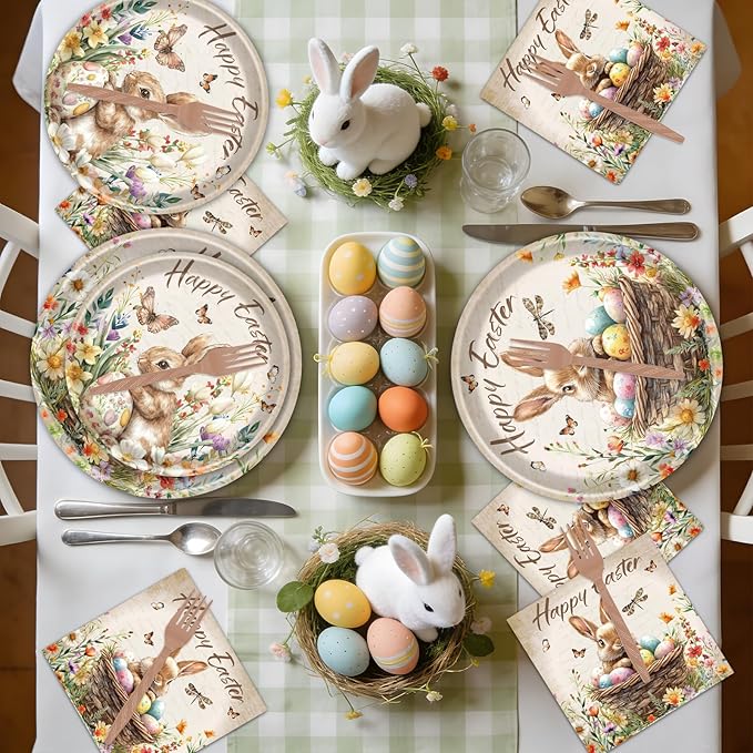 Rakuto Easter Plates and Napkins Disposable Decorations, 96PCS Happy Easter Bunny Eggs Paper Plates Napkins Forks Party Decoration, Rabbit Flower Themed Decor for Spring Celebrations Picnic Serve 24