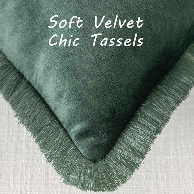 FUTEI Christmas Army Green Velvet Decorative Throw Pillow Covers 18x18 Set of 2,Soft Cozy Edge with Tassels Cushion Case,Boho Modern Home Decor for Couch Bed Living Room