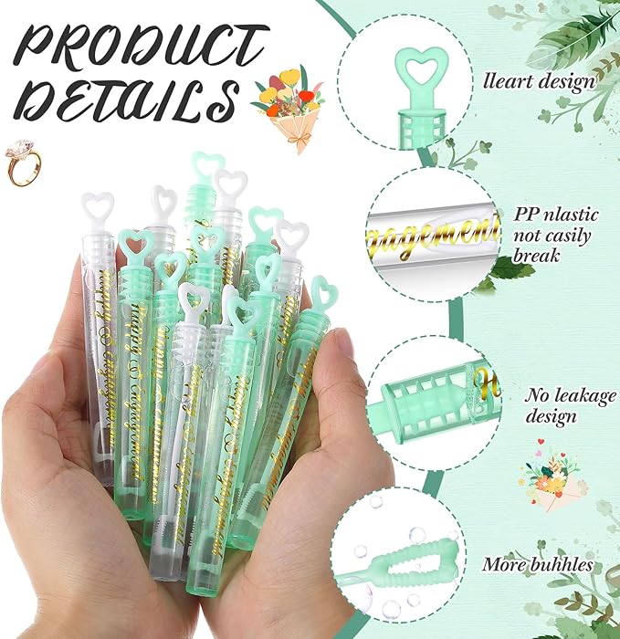 50 Packs Happy Engagement Bubbles Wedding Proposal Table Decorations White and Green Heart Bubbles Bridal Shower Favors Guests Gifts for Engagement Party Supplies (Gold)