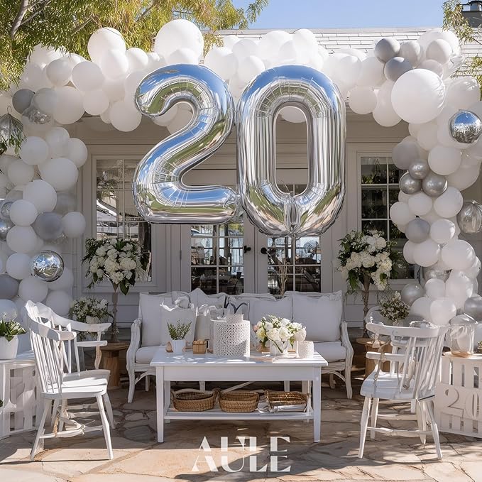 AULE 40 Inch Large 20 Balloon Numbers Silver, Big Foil Number Balloons, Giant Helium Happy 20th Birthday Party Decorations for Man and Women, Huge Mylar Anniversary Party Supplies