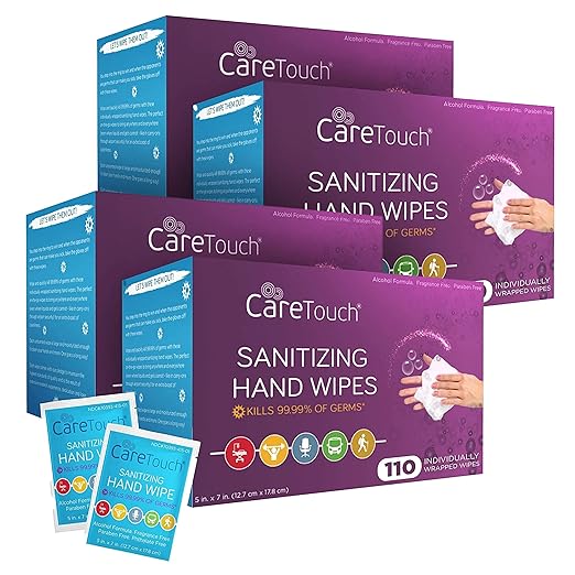 Care Touch Hand Sanitizer Wipes – 440 Individually Wrapped Packets (Box of 4, 110 Wipes Each)