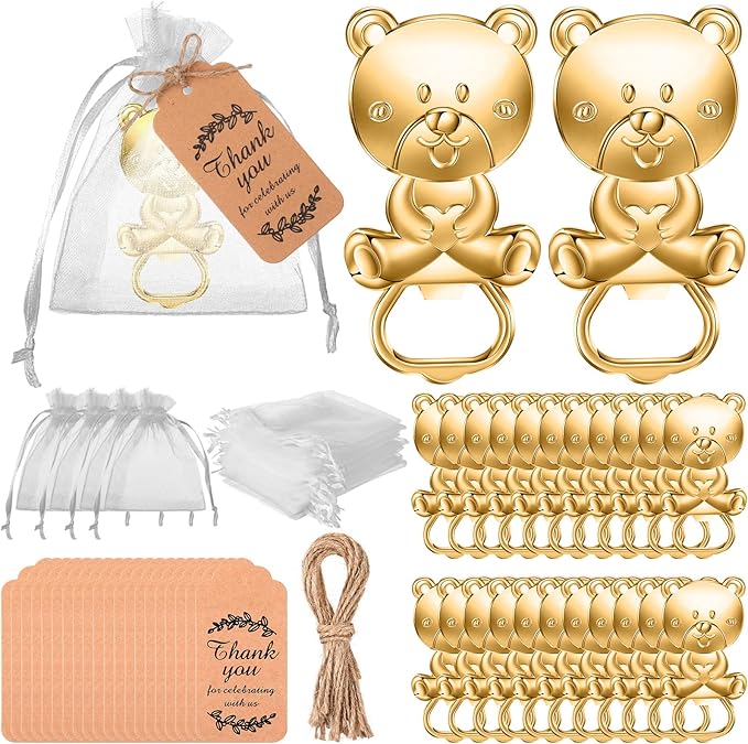 CHENGU Popping Bottle Openers Baby Shower Return Favors for Guests Bottle Opener Decorations and Souvenirs with Organza Bags Thank You Tags for Theme Party Favors (Bear Style,73 Pieces)