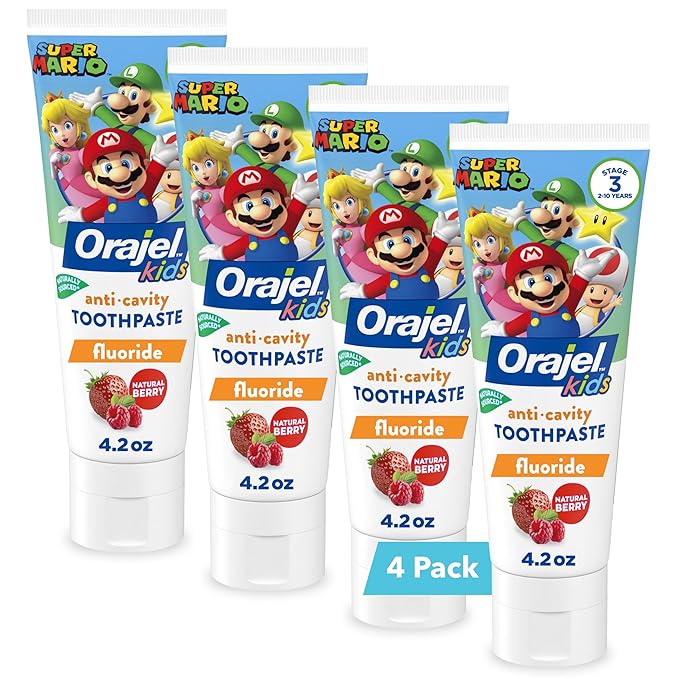 Orajel Kids Super Mario Anti-Cavity Fluoride Toothpaste, Natural Berry Flavor, 4.2oz Tube, 4-Pack
