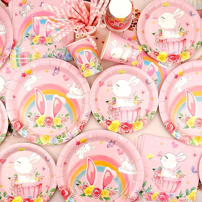KEFAN Bunny Birthday Party Decorations, Rabbit Theme Party Tableware Supplies including Plates, Cups, Napkins, Tablecloth (20)