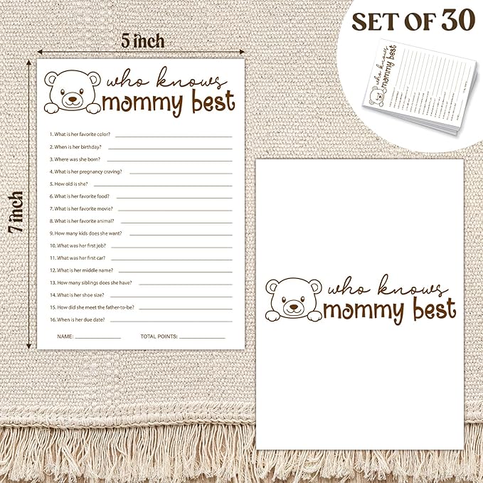 30 PCS Cute Bear Who Knows Mommy Best Baby Shower Game for Boy Girl, Double-Sided Games Gender Neutral Gender Reveal Party Supplies & Decor-C11