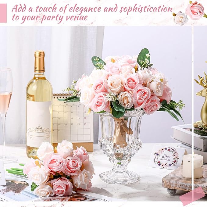 Zeyune 12 Bunches Wedding Bridesmaids Bouquets 144 Heads 7 Inch Artificial Rose Bouquets Silk Fake Flower Bulk with Stems for Valentine's Day Wedding Bridal Shower Home Party Decor(Champagne)