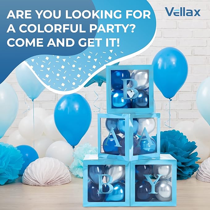Baby Shower Boxes with Letters – Metallic Blue Boxes with Metallic Blue and Silver Balloons – 44-Piece Gender Reveal & Party Decoration Set by Vellax