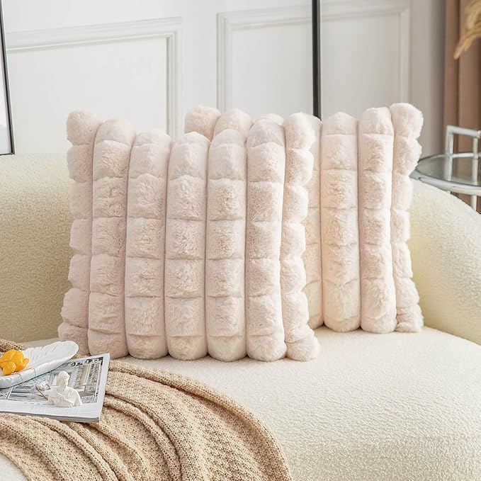 Neelvin Beige Faux Fur Cozy Soft Plaid Decorative Throw Pillow Covers 22x22 inch Set of 2,Velvet Pillowcase Cushion Case for Sofa Couch