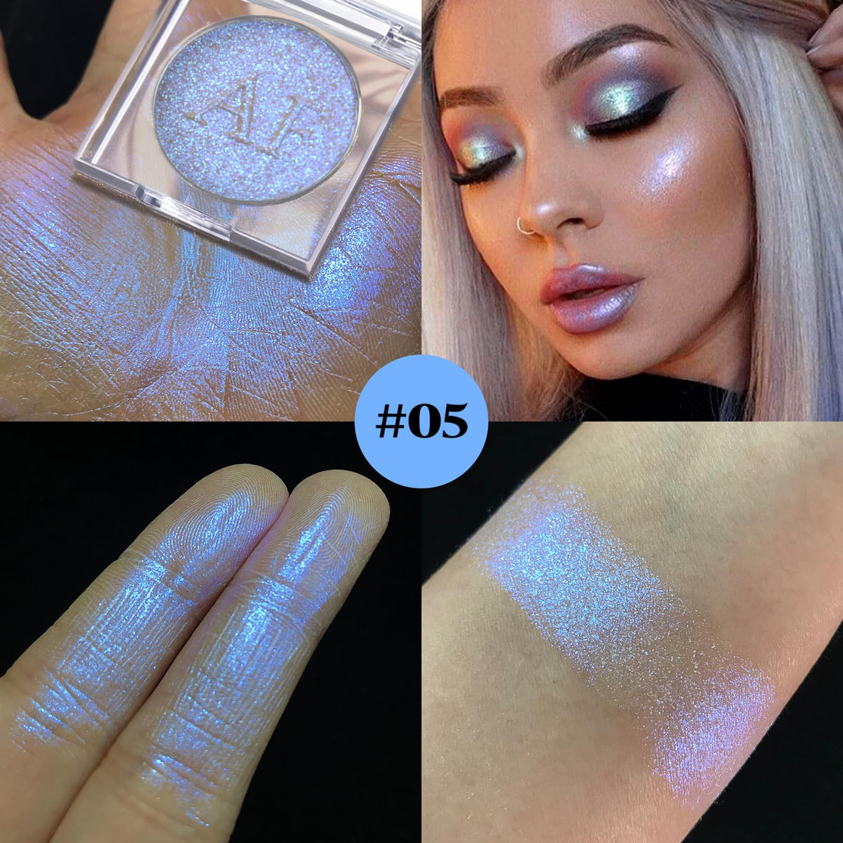 Duochrome Face Highlighter Makeup, Chameleon Holographic Highlighter Mineral Powder for Face Body, Waterproof Blue Purple Glowing Iluminadores de maquillaje with Shine Silky Smooth Highlighting, #05