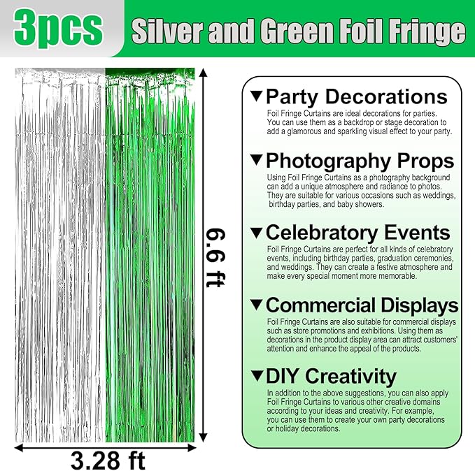 3 Pack Silver Green Foil Fringe Curtain Backdrop, 3.28Ft x 6.6Ft Metallic Tinsel Foil Fringe Streamer Curtains for Photo Booth, Christmas Day, Thanksgiving, Wedding, New Year Party Decorations