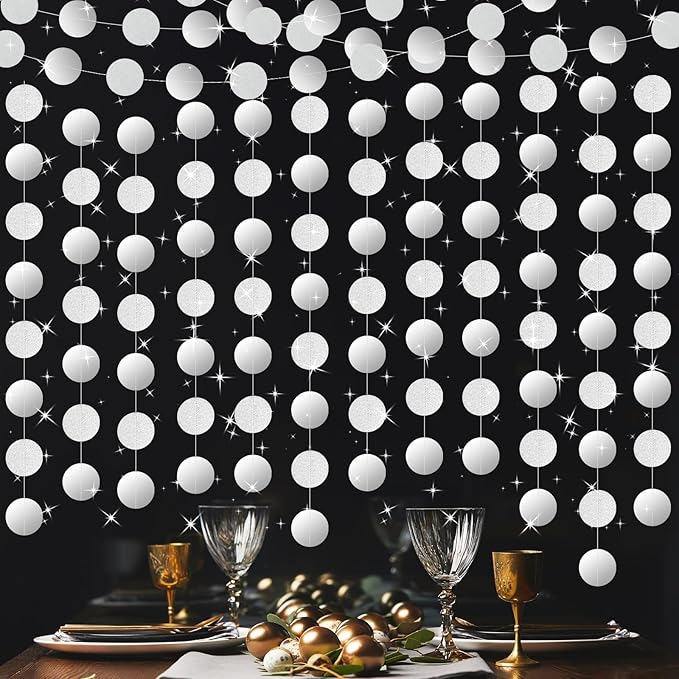 5 Pcs Silver Garland Glitter Silver Circle Dots Garland, PLULON 65 Ft Hanging Paper Polka Dot Streamer Backdrop Banner for Christma Party Decor Birthday Baby Shower Wedding Classroom Stitch