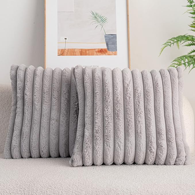 DEELAND Pack of 2,Double-Sided Faux Fur Plush Decorative Throw Pillow Covers Fuzzy Striped Soft Pillowcase Cushion Covers for Sofa Couch Bedroom Lightgrey 18x18 inch