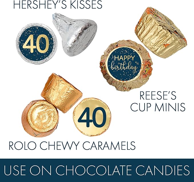 40th Birthday Party Favor Stickers – 180 Navy Blue and Gold Foil Labels for Chocolate Kisses – Candy Decorations for 40th Birthday Celebration – Milestone Party Supplies for Him or Her