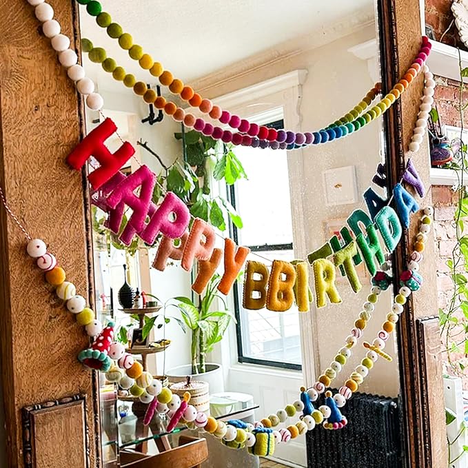 Colorful Wool Felt Ball Banner Garland, Handmade Rainbow Pom Pom Garland for Mantle, Wall, Table Centerpiece | Spring Decorations for Birthday, Christmas Home Kids Playroom Decor 6.56 Ft 60 Balls