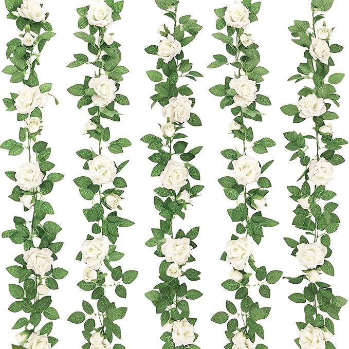 ZIFTY 5Pcs 32.5FT Artificial Rose Vine Fake Flower Garland White Fake Silk Floral Hanging for Wedding Arch, Garden Tea Party Backdrop Room Decor and Home Decoration Outdoor Wall Decor