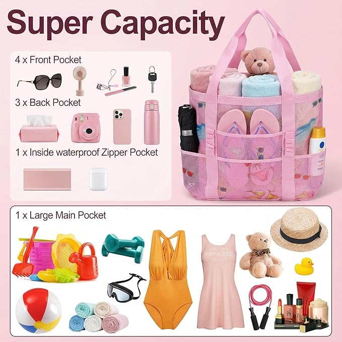 Mesh Beach Bags for Family - Women Beach Tote Bag for Toys, Towels, Travel Vacation Cruise Essentials