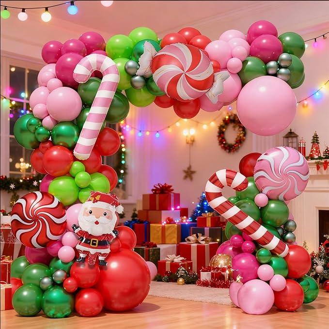 FunHot Christmas Balloon Arch Kit, Xmas Fruit Green Pink Balloon Garland, Hot Pink Red Metallic Green Latex Balloons with Candy Cane Santa Claus Windmill Foil Balloons for Christmas Party Decorations