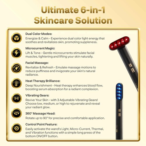 GLO24K 6-IN-1 Beauty Therapy Wand for the Face, Eyes, and Neck. Based on Dual LED Light Therapy, Thermal, Vibration, and Micro-Current Technologies.Skin Rejuvenation