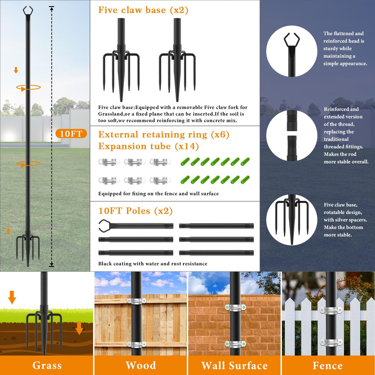 Mutovlin 2 Pack String Light Poles,10 Ft Light Poles for Outside String Lights,Outdoor Lights Pole with Fork,Metal Poles Stand for Patio Deck Backyard (10FT 2 Pack)