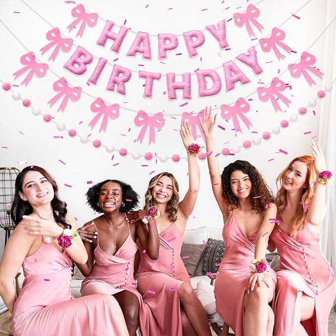 Pre-Strung Pink Bow Birthday Decorations, Reusable Coquette Party Decorations with Wool Felt Happy Birthday Banner, Bow and Felt Ball Garland for Girls Women Baby Shower Pink Bow Theme Decor