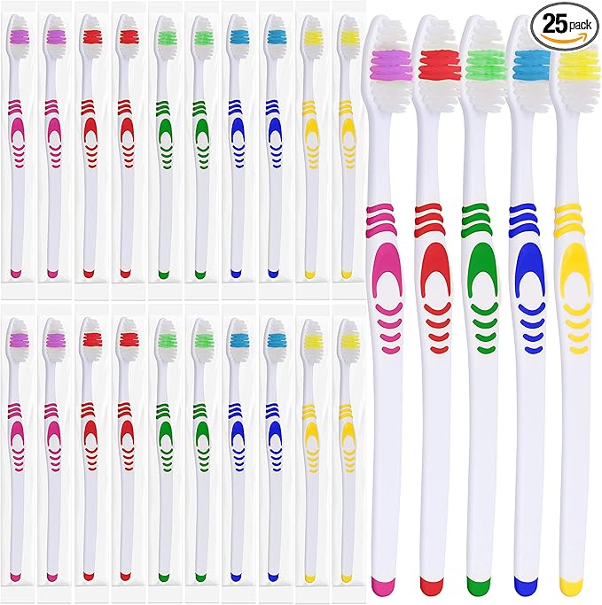 Lingito 25 Bulk Toothbrushes | Individually Wrapped | Manual Disposable Travel Toothbrush Set for Adults or Kids | Made with a Medium-Soft Large Head | Multi-Color | Travel Toiletry Oral Set