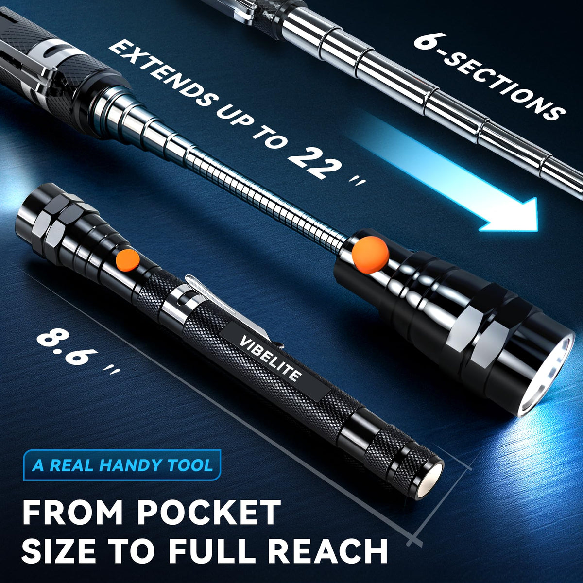 VIBELITE Extendable Magnetic Flashlight with Telescoping Magnet Pickup Tool-Fathers Day Dad Gifts for Husband, Dad, Men, Women, Him, Mechanic, Birthday Gifts for Men, Cool Gadget, Black