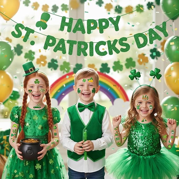 160PCS St Patricks Temporary Tattoos Stickers | St Patricks Party Favors Decorations Irish Holiday Green Clover Rainbow Shamrock Party Supplies Craft Gift Idea For Kids Boy Girl Teen Adult-8sheets