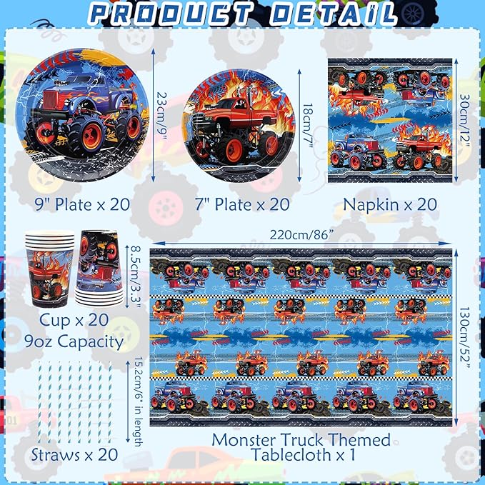 Monster Trucks Birthday Decorations - Monster Trucks Party Supplies including Plates, Cups, Napkins, Tablecloths for Boys - Serves 20 (6-20)