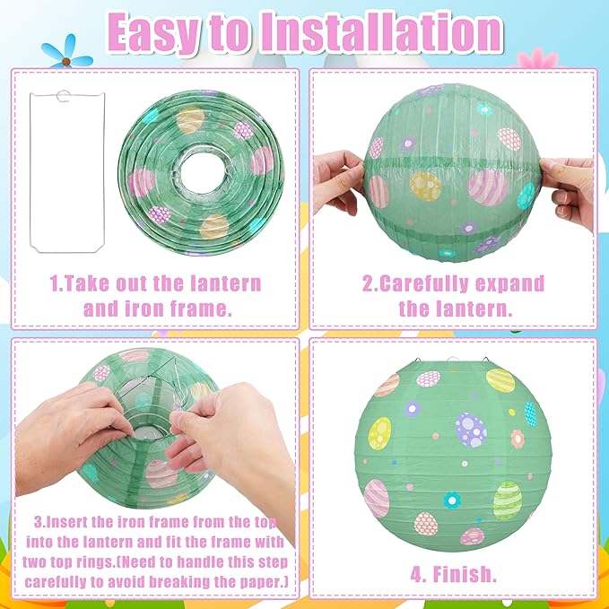 14pcs Easter Party Hanging Decorations – Vintage Paper Lanterns and Pom Poms Set for Classroom, Birthday Supplies, Egg Hunt, Indoor Home Spring Decor