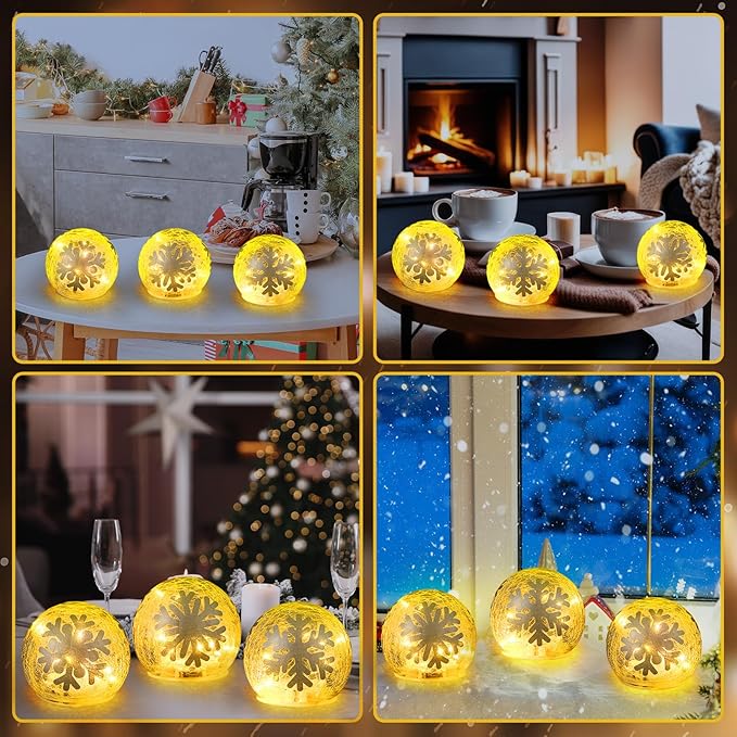 3 Pcs Winter Decorations Indoor 4 Crackle Snowflakes Glass Globe Ball Lamp Night Lights with LED Timer Battery Operated Lighted Decorative Tabletop Decor for Table Home Centerpiece Party Gift