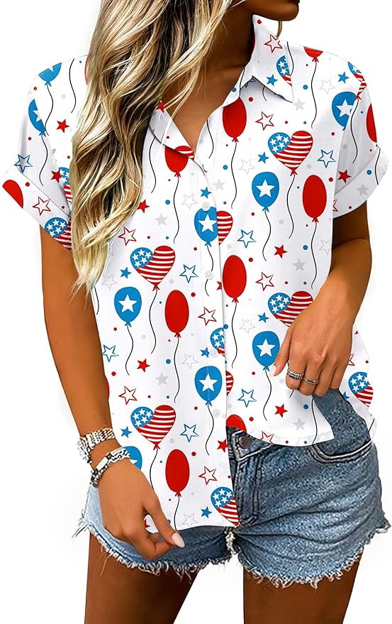 4th of July Shirts Women American Flag Patriotic Shirt Independence Day Short Sleeve Button Down Outfits