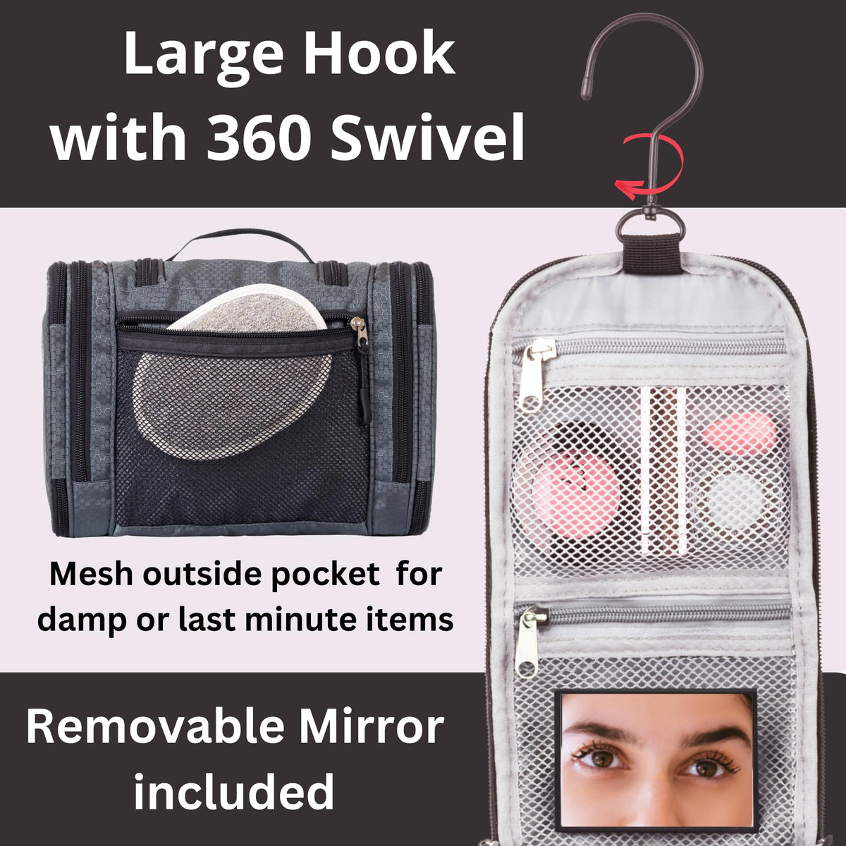 BORSALI Hanging Toiletry Bag for Women with Mirror - Medium Travel Bag for Toiletries & Travel Essentials - Compact Yet Roomy - 22 Compartments & Mesh Back Pocket - Sturdy Swivel Hook