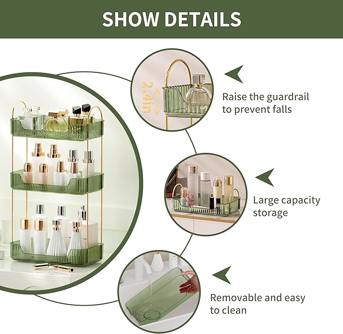 YCIA&DONE Bathroom Organizer Countertop, Makeup Storage, Skincare Cosmetic Tray Shelf, Perfume Holder Rack for Vanity Counter, Large Capacity, Easy to Install, Clean, 3 Tiers, Vintage Green