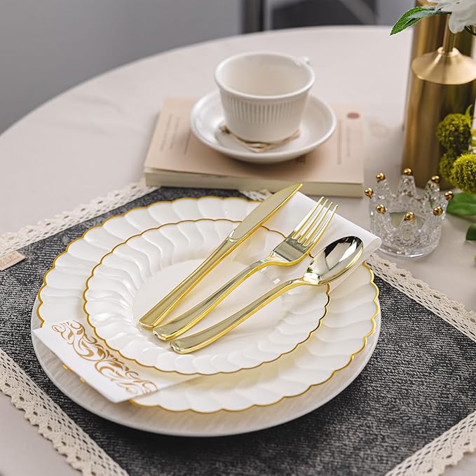 Lullaby 140PCS Elegant Disposable Dinnerware Set – 40 Ivory Scalloped Gold-Trim Plates (20 Dinner, 20 Dessert), 40 Forks, 20 Spoons, 20 Knives & 20 Napkins – Fancy Plastic Plates for 20 Guests