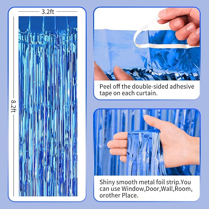 3Pack Blue Foil Fringe Curtain Backdrop - 3.3ft x 8.3ft Metallic Tinsel Photo Booth Decor for Bluey Birthday Decorations