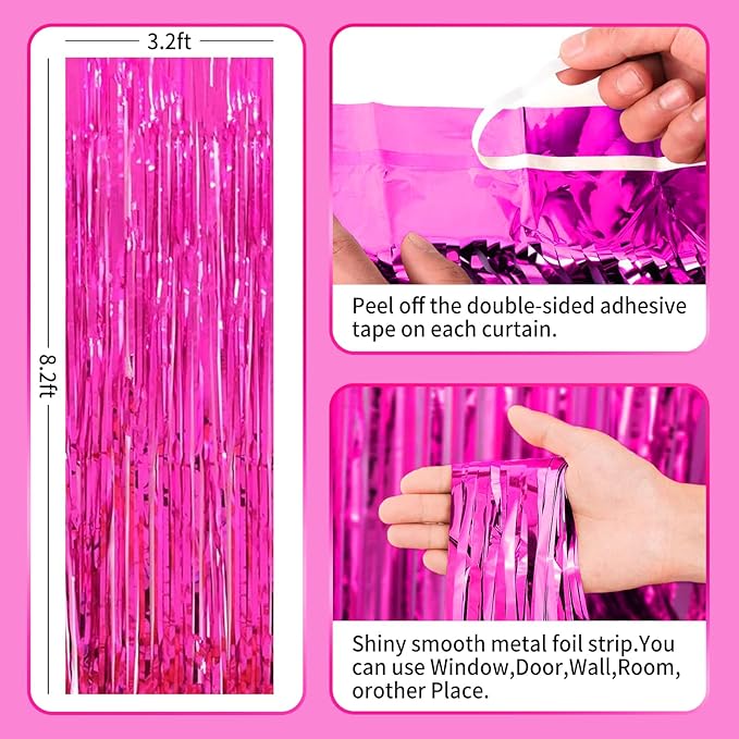 3Pack Pink Foil Fringe Curtain Backdrop - 3.3ft x 8.3ft Metallic Tinsel Photo Booth Decor for Birthday Party Decorations