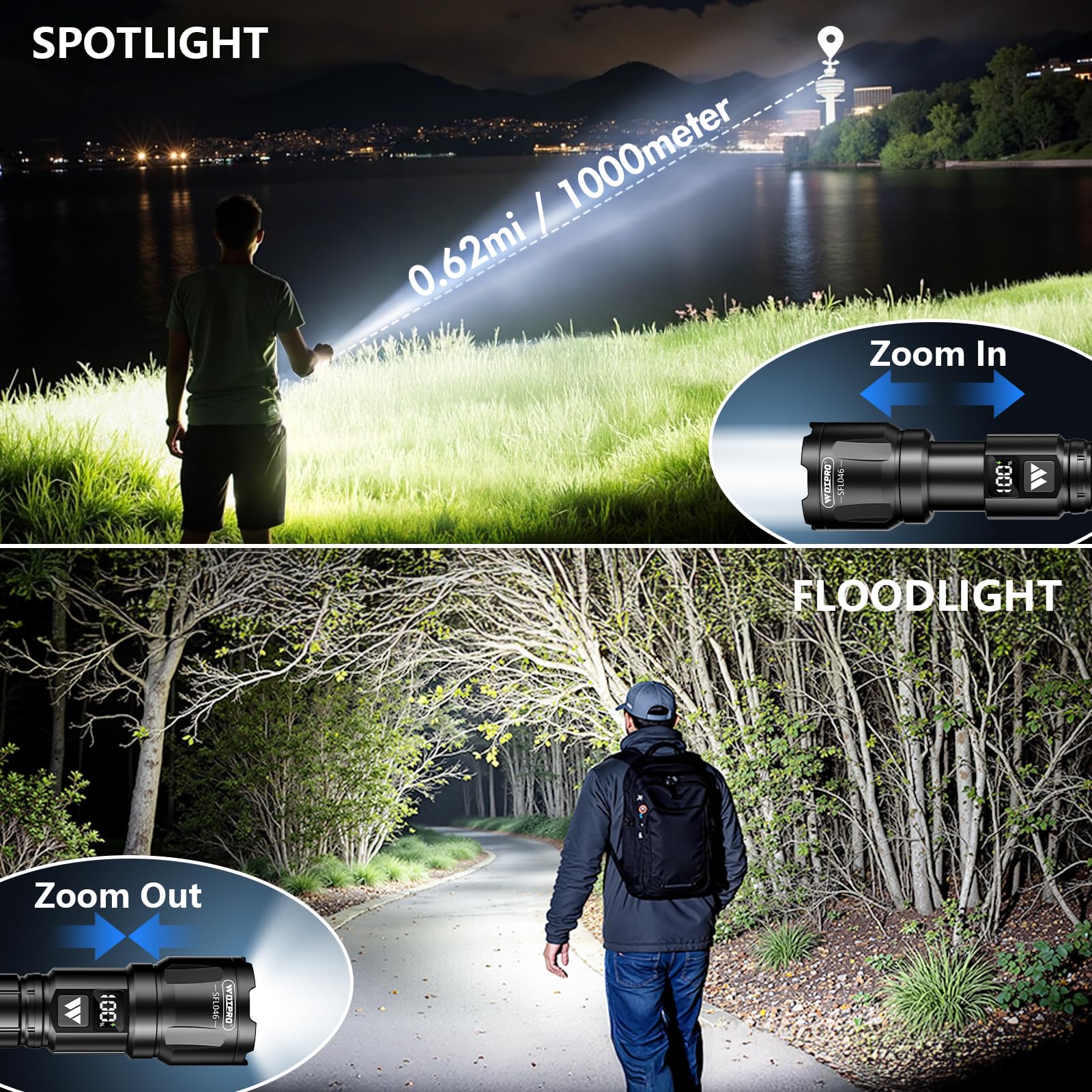 WdtPro Rechargeable Flashlights 2 Pack, Super Bright LED High Lumens Tactical Flash Light with LCD Battery Display, Zoomable 3 Modes, Powerful Handheld Flashlights for Home Emergencies Camping Outdoor