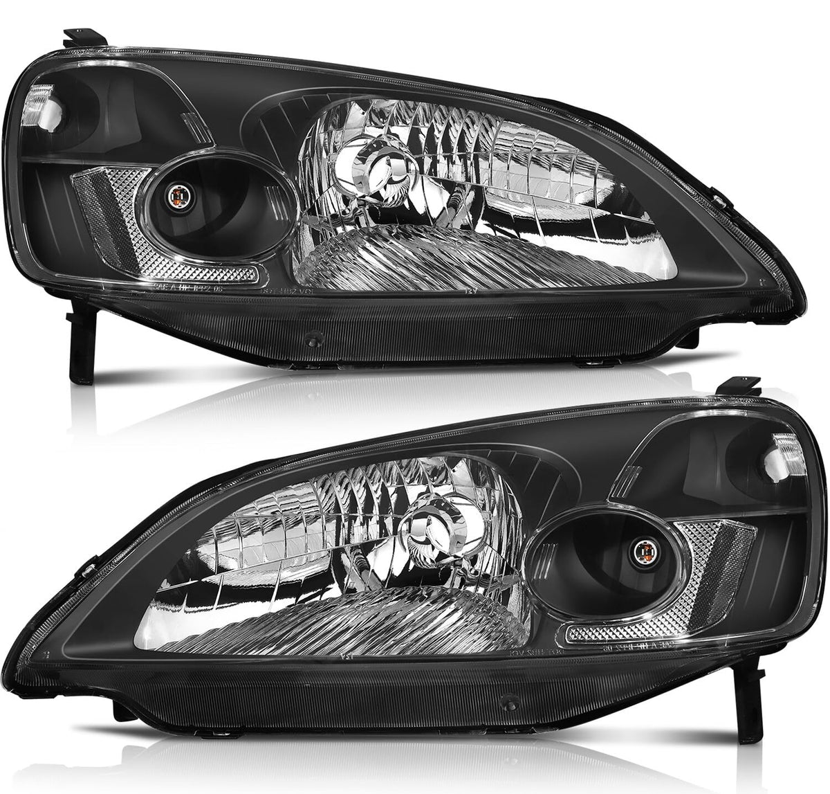 LSAILON Headlight Assembly Replacement Fit For Honda Civic 2001-2003 Black Housing Clear Reflector Clear Lens Driver and Passeng