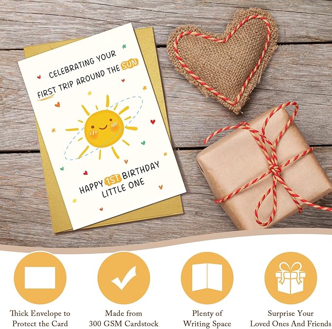 Qiliji First Birthday Card for Baby Boy or Girl, Happy 1st Birthday Card for Daughter Son Granddaughter Grandson Niece Nephew, Celebrating Your First Trip Around the Sun Little One