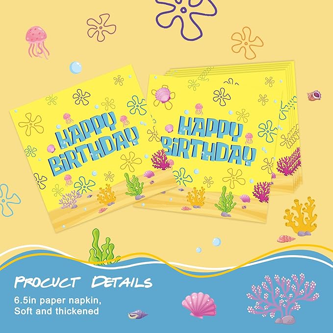 120PCS Yellow Cartoon Party Supplies Ocean Tableware Set for Kids Boys Girls Birthday Party Decorations Yellow Undersea Happy Birthday Themed Napkin Cups Forks Knives for 20 Guests