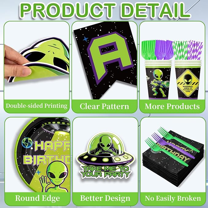 220 Pcs Alien Birthday Party Decorations Tableware Set - Service 25 Guests - Includes Banner, Cake Topper, Balloons, Plates And Napkins Paper Cup - For UFO Theme Party