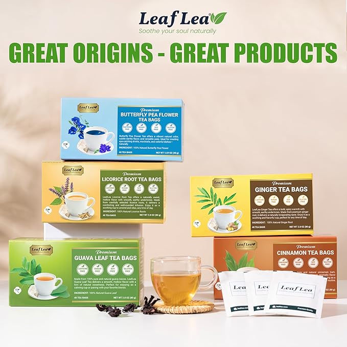 LeafLea 40 Premium Licorice Root Tea Bags, 100% Pure Licorice Spice Tea, Herbal Infusion to Digestive Comfort & Promote Respiratory Health, Te De Regaliz, Caffeine-Free, Sugar-Free, Soothing Flavor