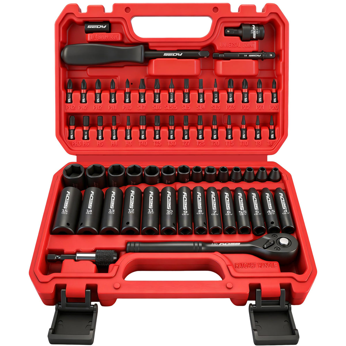 64-Piece 1/4" Drive Impact Socket Wrench Driver-Bits Set, Cr-V Metric&SAE Deep and Shallow Socket Set, S2 Power Bits with Quick-Release Ratchet Handle, Universal Joint, Bit Holder, Power Drill Adapter
