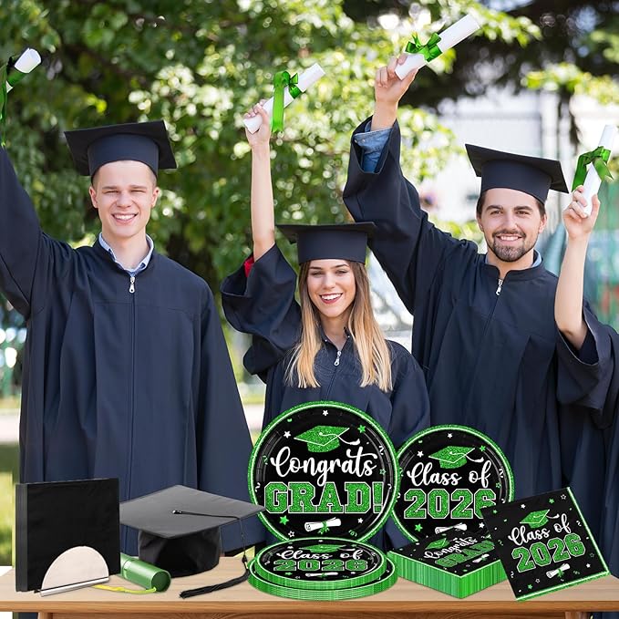 Black and Green Graduation Decorations,200Pcs Black and Green Graduation Plates and Napkins Congrats Grad Class Of 2026 Plates for Graduatio Party Supplies ,Serve 50