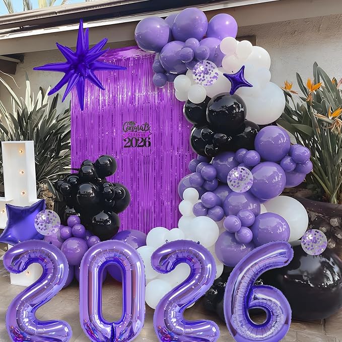 Graduation Balloon Arch Kit 2026 Graduation Decorations, Different Sizes 5 12 18 Inch Purple Black White Grad Balloons Arch with Class of 2026 Cake Toppers, Fringe Curtain, Star & 2026 Balloons